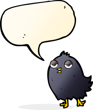 Bir insan tarafından çizilmiş konuşma baloncuklu komik çizgi film kuşu.