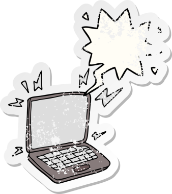 Konuşma baloncuklu dizüstü bilgisayar bir insan tarafından çizilmiş sıkıntılı eski bir çıkartma