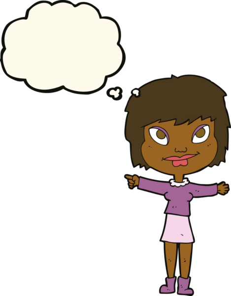 Bir insan tarafından çizilmiş düşünce balonuyla işaret eden çizgi film kadını.