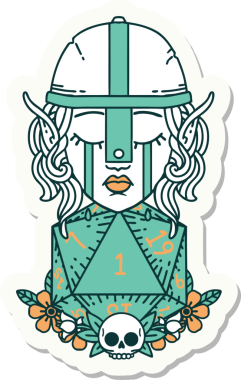 Hüzünlü bir elf savaşçı karakterinin çıkartması. Bir insan tarafından çizilmiş doğal bir d20 rulo.