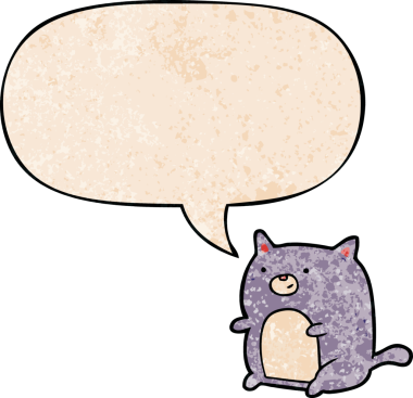 Konuşma baloncuğu olan çizgi film kedisi insan tarafından çizilmiş eski moda dokular.