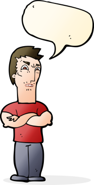 Bir insan tarafından çizilmiş, kolları katlanmış, konuşma balonlu bir karikatür.