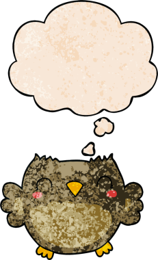 Bir insan tarafından çizilmiş grunge doku tarzında düşünce baloncuğu olan sevimli çizgi film baykuşu.