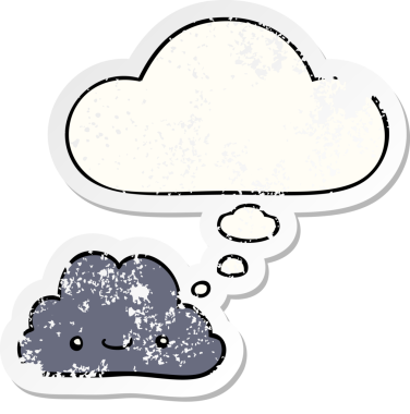 Düşünce baloncuğu olan sevimli çizgi film bulutu bir insan tarafından çizilmiş yıpranmış bir çıkartma gibi.