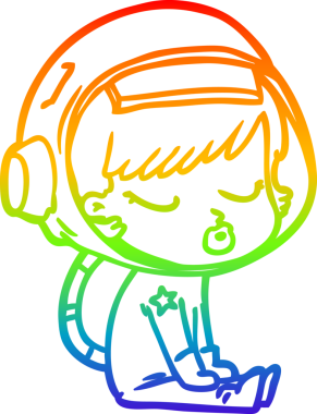 Gökkuşağı gradyan çizgi çizimi. Bir insan tarafından çizilmiş güzel astronot kız oturuyor.