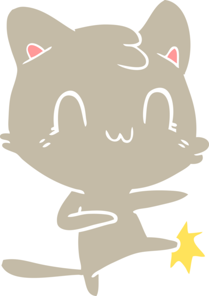 Düz renkli çizgi film mutlu kedi tekmesi bir insan tarafından çizilmiş.