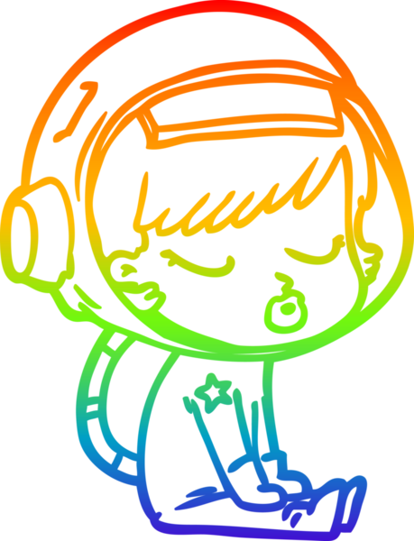 Gökkuşağı gradyan çizgi çizimi. Bir insan tarafından çizilmiş güzel astronot kız oturuyor.