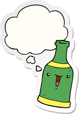 Düşünce baloncuklu bira şişesi insan tarafından çizilmiş bir çıkartma.