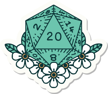 Bir insan tarafından çizilmiş 20 D20 zarının etiketi.