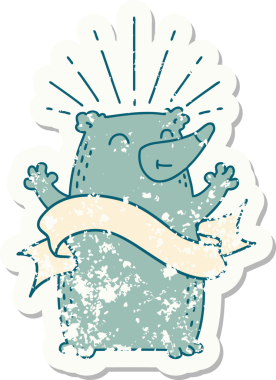 Dövme stili eski bir çıkartma. Bir insan tarafından çizilmiş mutlu ayı.