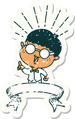 Bir insan tarafından çizilmiş dahice fikirli dövme stili bir adamın eski bir çıkartması.