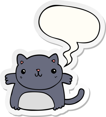 Bir insan tarafından çizilmiş baloncuk çıkartmalı çizgi film kedisi.