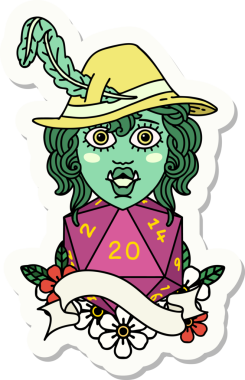 Bir insan tarafından çizilmiş 20 zarlı şarkı söyleyen yarı ork bir karakterin çıkartması.