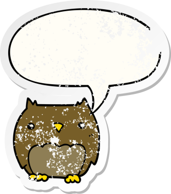 Tatlı çizgi film baykuşu, konuşma baloncuğu, bir insan tarafından çizilmiş sıkıntılı eski bir çıkartma.