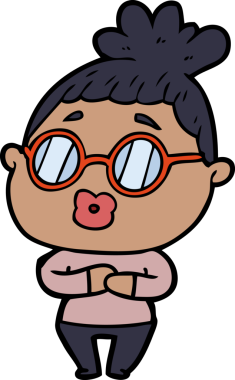 Bir insan tarafından çizilmiş gözlüklü bir karikatür kadın.