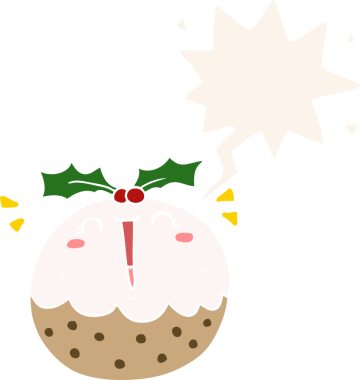 Bir insan tarafından çizilmiş konuşma baloncuklu tatlı çizgi film pudingi.