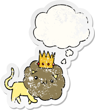 Düşünce baloncuklu taç takan çizgi film aslanı insan tarafından çizilmiş yıpranmış bir çıkartma gibi.