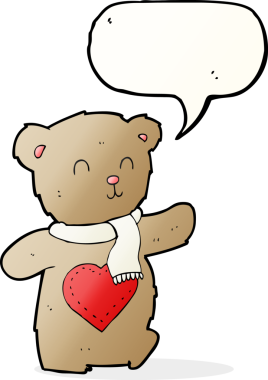 Bir insan tarafından çizilmiş, aşk dolu bir kalbi olan çizgi film ayıcığı.