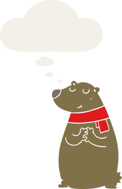 Bir insan tarafından çizilmiş, düşünce baloncuklu eşarp takan çizgi film ayısı.