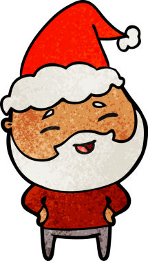 Bir insan tarafından çizilmiş Noel Baba şapkası giyen mutlu sakallı bir adamın el çizimi çizgi filmi.