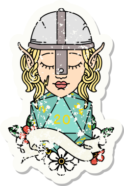 Bir insan tarafından çizilmiş 20 zarlı bir elf dövüşçüsünün grunge sticker 'ı