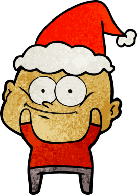 Bir insan tarafından çizilmiş Noel Baba şapkası giymiş kel bir adamın el çizimi karikatürü.