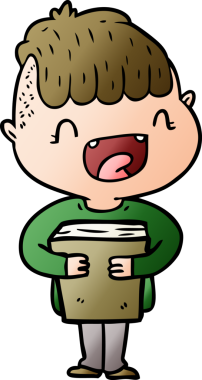 Bir insan tarafından çizilmiş yeni kitapları olan mutlu çocuk çizgi filmi.