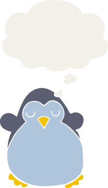 Düşünce baloncuğu olan bir penguen insan tarafından çizilmiş.