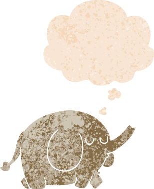 Düşünce baloncuklu çizgi film fili grunge dertli eski moda bir insan tarafından çizilmiş.