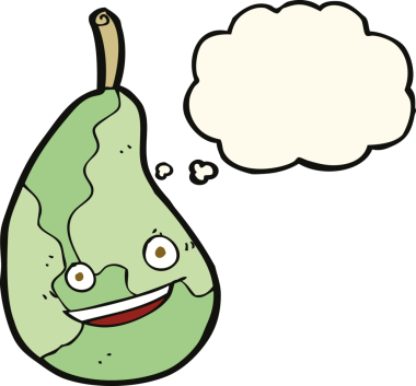 Bir insan tarafından çizilmiş düşünce baloncuklu mutlu armut.