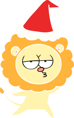 Bir insan tarafından çizilmiş Noel Baba şapkası takan sıkılmış bir aslanın düz renkli çizimi.