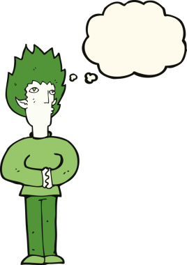 Bir insan tarafından çizilmiş düşünce balonlu vampir adam.