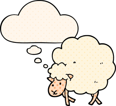 Bir insan tarafından çizilmiş çizgi roman şeklinde düşünce baloncuklu koyun.