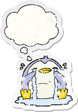Karikatür ağlayan penguen. Düşünce baloncuğu insan tarafından çizilmiş yıpranmış bir çıkartma gibi.