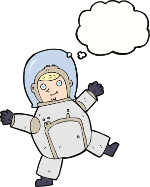 Bir insan tarafından çizilmiş düşünce baloncuklu astronot.