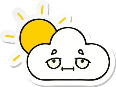 Bir insan tarafından çizilmiş şirin bir karikatür güneş ışığı ve bulut çıkartması.