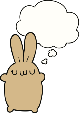 Bir insan tarafından çizilmiş düşünce kabarcığı olan çizgi film tavşanı.