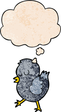 Bir insan tarafından çizilmiş grunge desenli düşünce baloncuklu çizgi film kuşu.