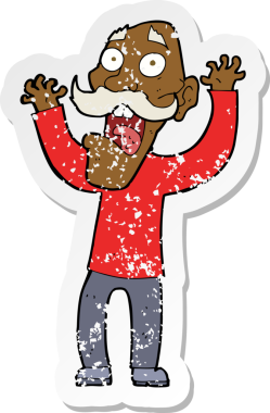 Çizgi filmin gerilimli retro yapıştırması. Yaşlı bir adam bir insan tarafından çizilmiş.