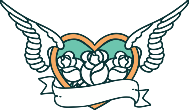 Bir insan tarafından çizilmiş çiçek ve bayrak ile uçan bir kalbin ikonik dövme görüntüsü