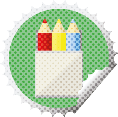 Bir insan tarafından çizilmiş renkli kalem paketi grafik vektör illüstrasyon yuvarlak etiket pulu