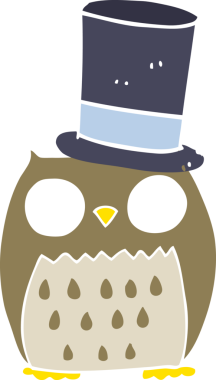 Düz renkli çizgi film baykuşu bir insan tarafından çizilmiş silindir şapka giyiyor.