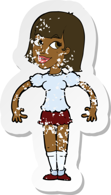 Bir insan tarafından çizilmiş omuzlarını silken karikatürlü bir kadının gerilmiş çıkartması.