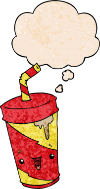 Bir insan tarafından çizilmiş grunge desenli düşünce baloncuklu tatlı bir karikatür soda.