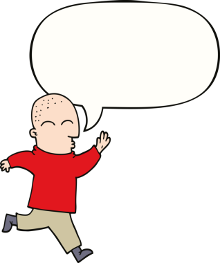 Bir insan tarafından çizilmiş konuşma balonuyla koşan çizgi film adamı.