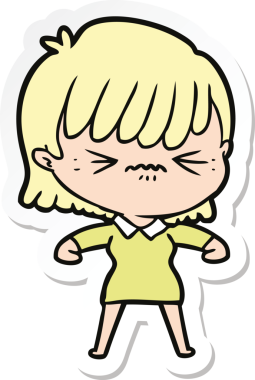 Bir insan tarafından çizilmiş kızgın bir çizgi film kızına ait etiket.