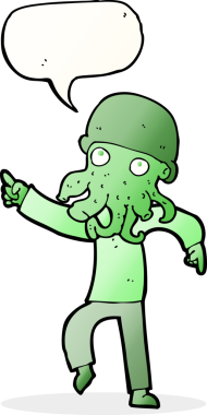 Bir insan tarafından çizilmiş konuşma baloncuğuyla dans eden uzaylı adam.