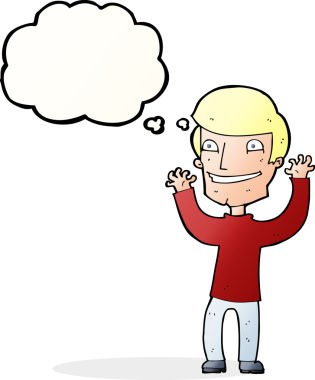 Bir insan tarafından çizilmiş düşünce baloncuğu ile heyecanlı bir adam.