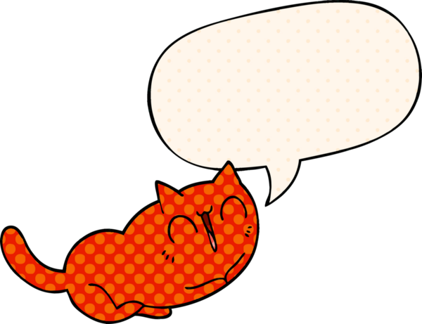 Bir insan tarafından çizilmiş çizgi roman tarzında konuşma balonu olan mutlu çizgi film kedisi.