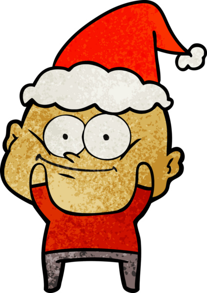 Bir insan tarafından çizilmiş Noel Baba şapkası giymiş kel bir adamın el çizimi karikatürü.